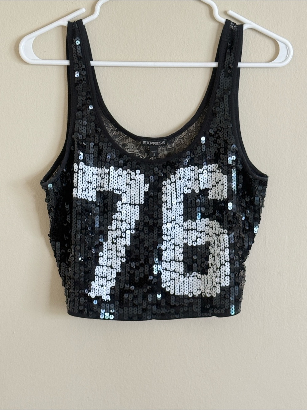 Express Black Sequin Crop Tank with White '76' Graphic